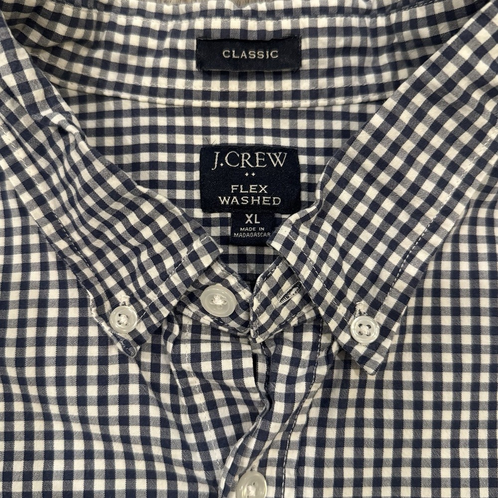 J.Crew Flex Washed Classic Fit Men's XL Navy White Gingham Stretch Shirt J15287